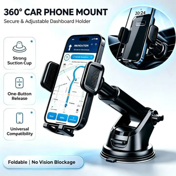 360-Degree Rotating Suction Cup Car Phone Holder, Mobile Phone Suction Cup Dashboard Navigation Holder, Universal Smart Phone Holder, Adjustable Free-Hand Phone Holder Suitable For Car Dashboard so porte para telefono auto brackets campingessentials