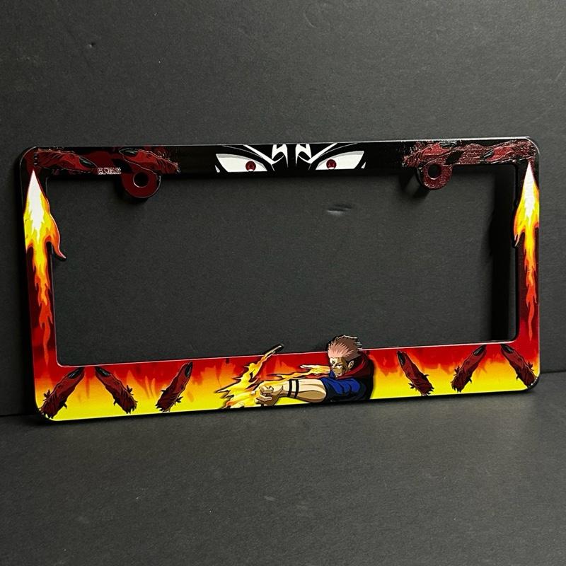 JJK Anime Character License Plate Frame with Fiery Design and Dragon Accents for Car Accessories