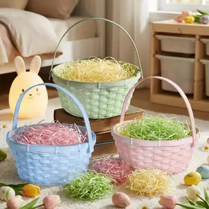 Lanpn Easter Baskets 3 Pcs Natural Bamboo Set with Easter Grass Fillers for Easter Egg Hunt Candy Picnic and Pastel Spring Decoration Woven Basket (Pink Blue Green)