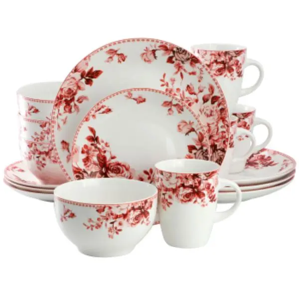 Elama EL-RED-ROSE Traditional Red Rose Sto are Dinnerware Set - 16 Piece