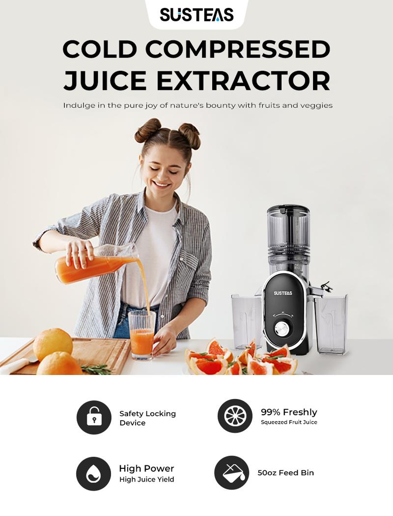 SUSTEAS Juicer Machines, Cold Press Juicer with 5.3'' Large Chute, Slow Masticating, Fits Whole Fruits & Veggies, High Yield, Easy to Clean