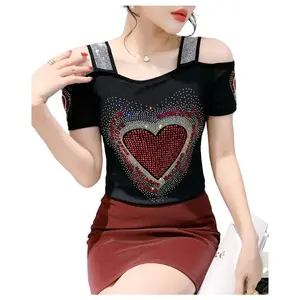 2025SummerNewHeavyIndustryDiamond-inlaidDouble-layerIceMeshShort-sleevedFashionableOff-shoulderBeautifulBackShirtForWomenBlouseCasualTopFitFabricShortsleeve