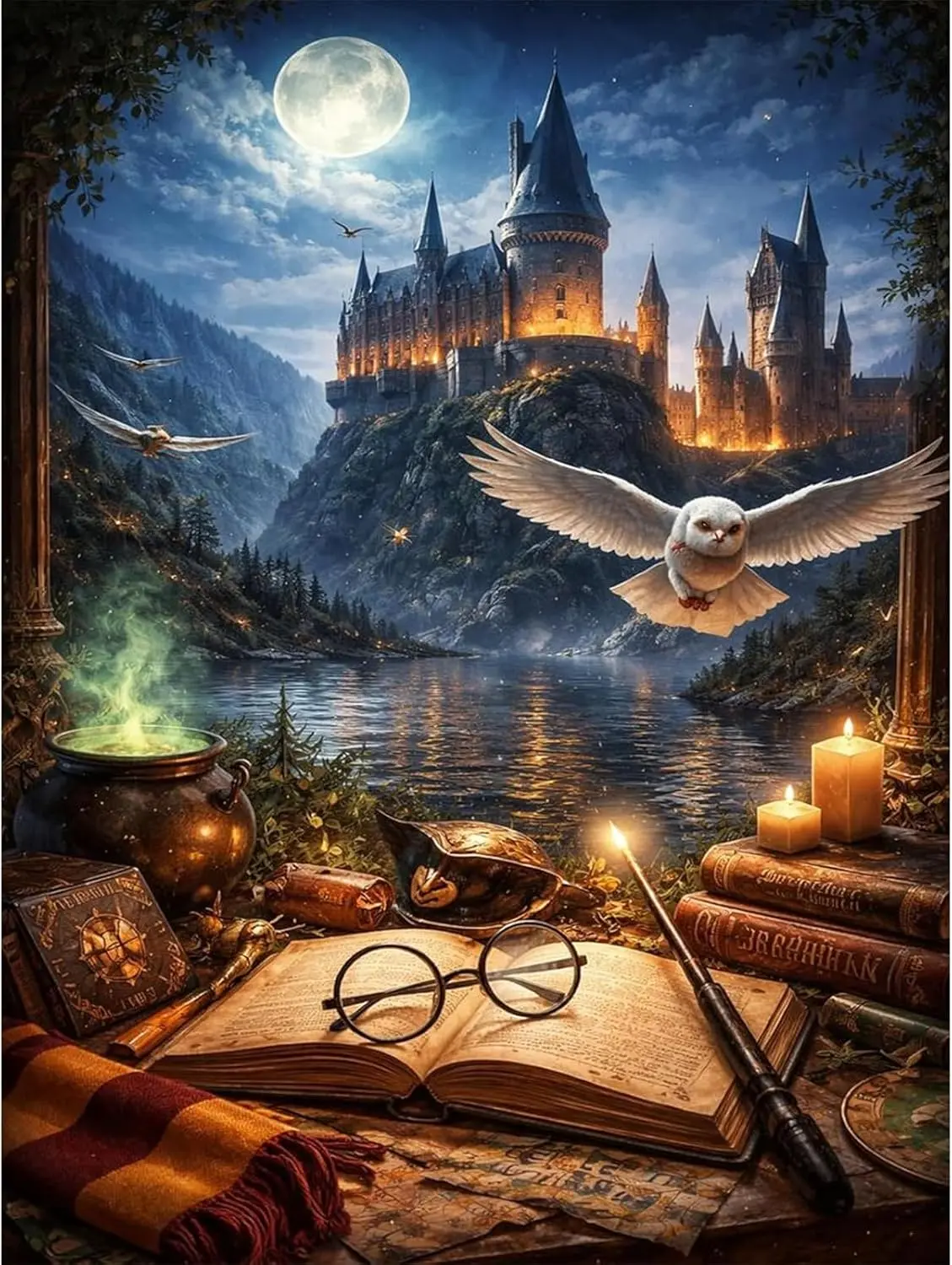 5D Diamond Painting Magic Castle Night Scene Full Moon Owl Wand Ancient Book Witch Pot Lake Scenery Crystal Rhinestone Fantasy Wall Decor Gift