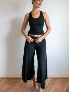 Wide Leg Gaucho Pants, Flared Leg Culottes with Fold Over Waistband in Black, Women's Pants