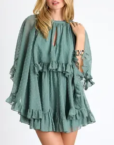 Lulus Rhozie Cream Embroidered Swiss Dot Cape Sleeve Tiered Mini Dress