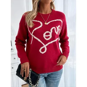 Women's Autumn Winter Heart Letter Embroidered Sweater, Round Neck Long Sleeve Loose Knit Top, Casual Fitted Holiday Shirt