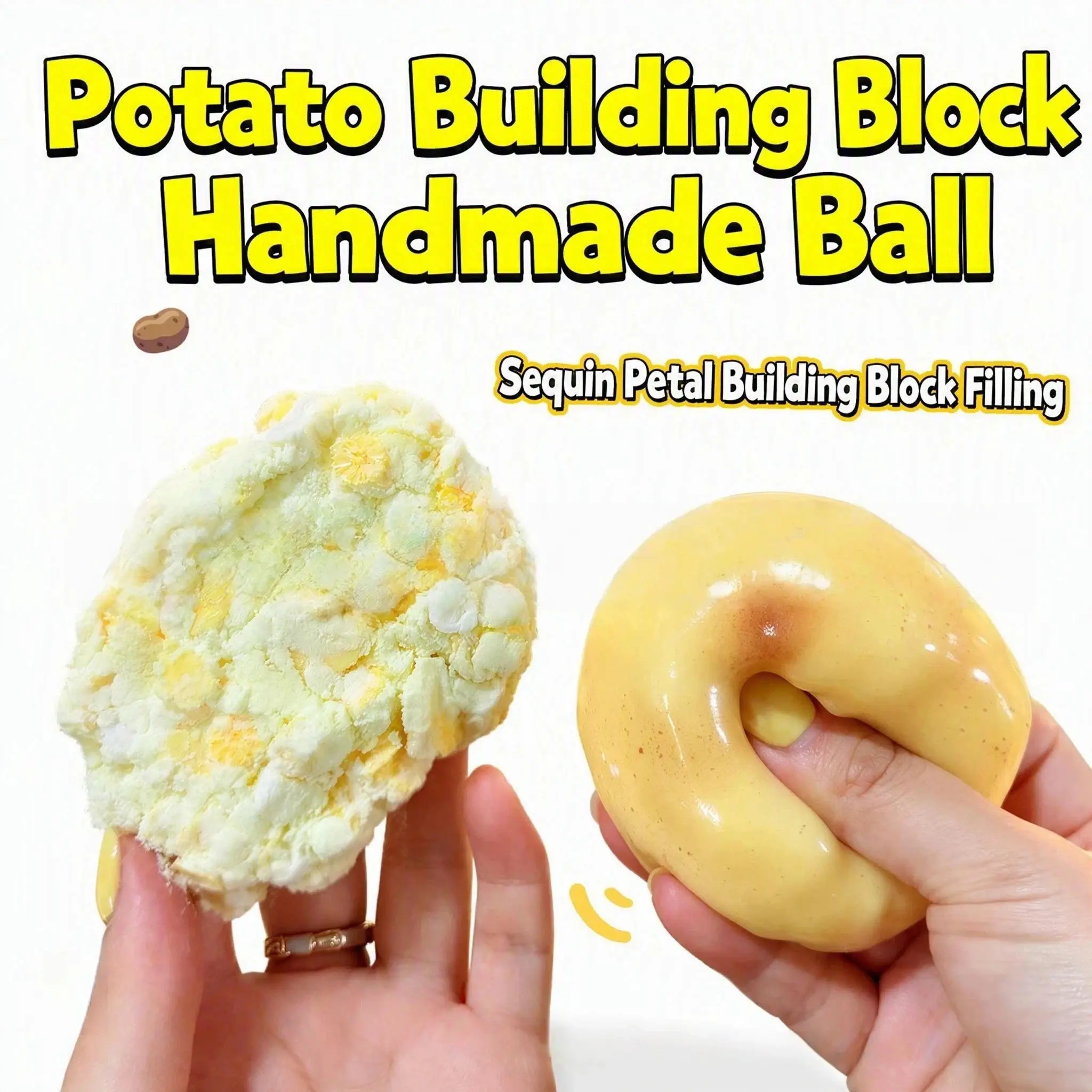 Handmade potato-chunk-shaped balls filled with sequins and petals; they offer a satisfyingly crisp tactile feel and a fun play experience.