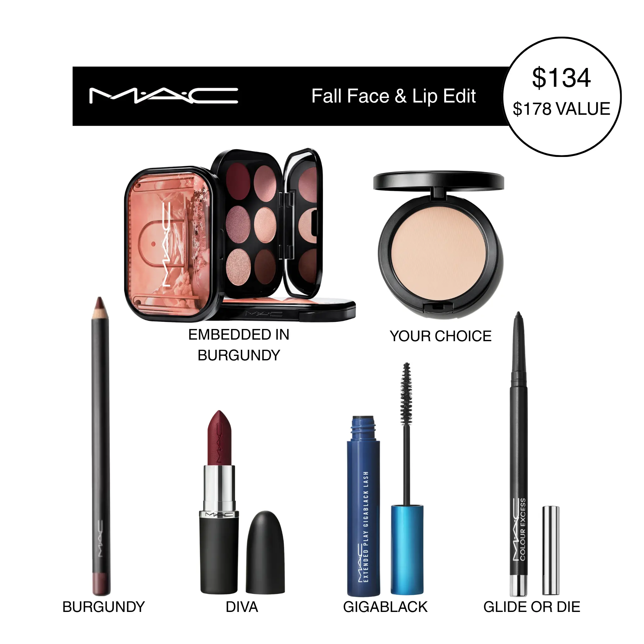 MAC Fall Face & Lip Edit | Studio Fix Powder Plus Foundation + Lip Pencil + M·A·Cximal Silky Matte Lipstick + Colour Excess Eye Liner + Extended Play Gigablack Lash Mascara + Connect In Colour Eye Shadow Palette