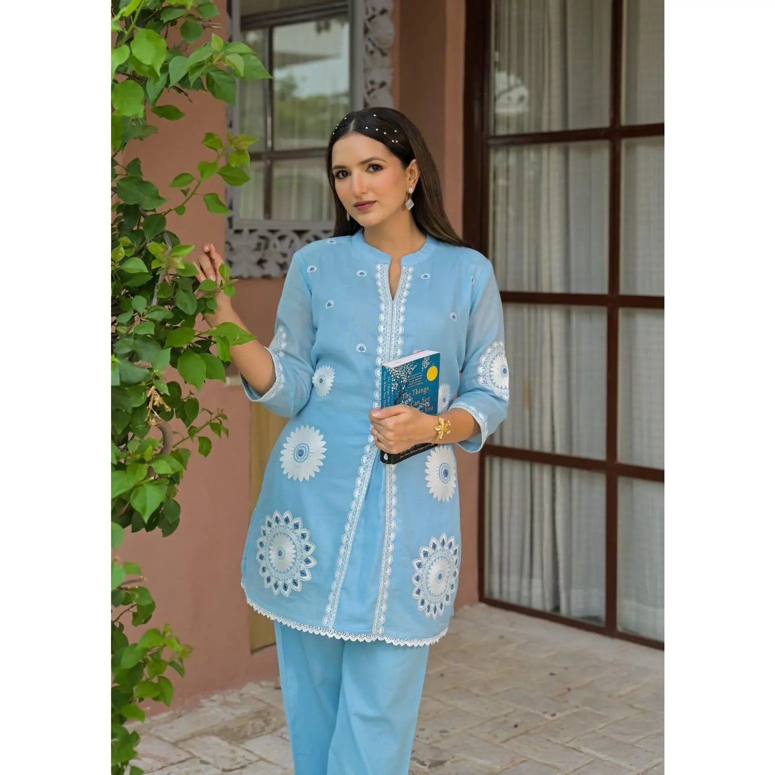 Steel Blue Mul Cotton Coord Set - Chikankari Embroidered Kurti and Straight Pants