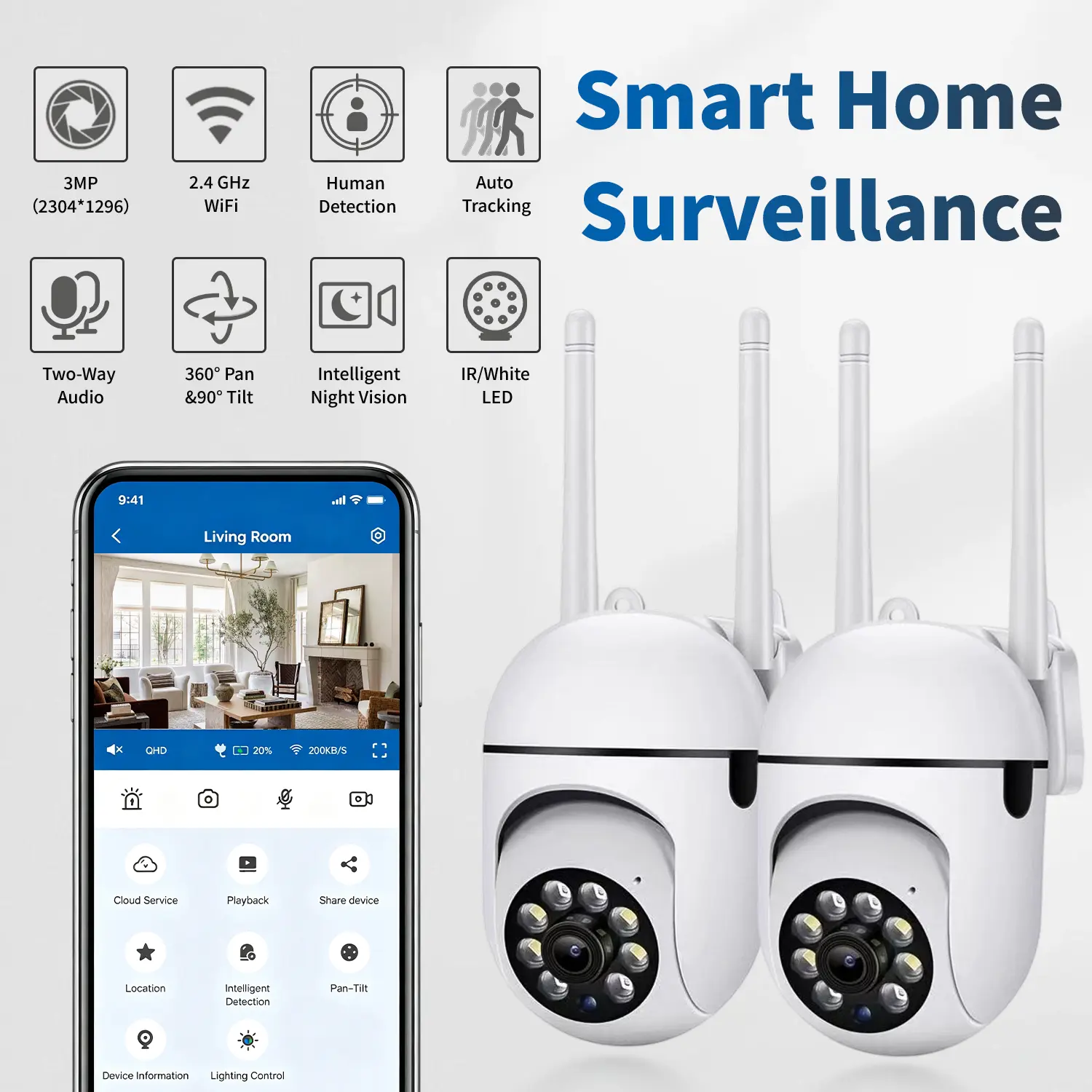 PCGVY 3MP FHD Smart WiFi Indoor Security Camera, 360° PTZ Pan Tilt Camera with Bluetooth Pairing, Multi-User Live View, Color Night Vision, AI Motion Detection, 2-Way Audio, 24/7 Recording, Smart Home Camera for Baby, Pet & Home Protection Monitor Remote