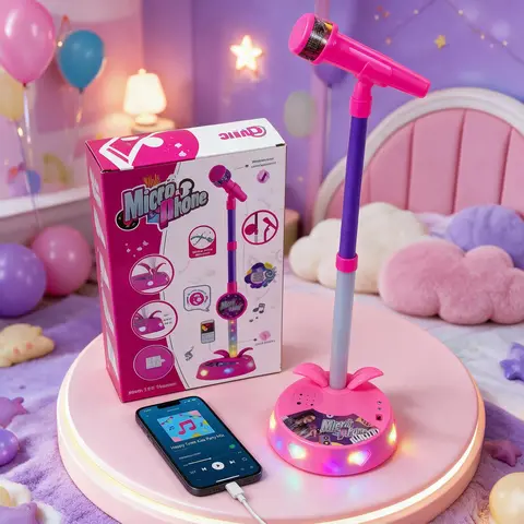 Handheld Round Multifunction Toddler Karaoke Machine Toy - Kids Microphone , AA Power Compatibility(NOT included), Adjustable Stand, Type-C Sound Boost, Lights That Wow, Builds Confidence & Speech Skill, Ideal Birthday Gift