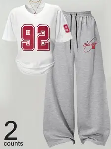 Women's Casual Letter Print Loose Fit Round Neck Short Sleeve T-Shirt & Straight Leg Pants Set, Perfect for comfortable, casual wear ,A classic collegiate-inspired staple set, Everyday styling for all seasons