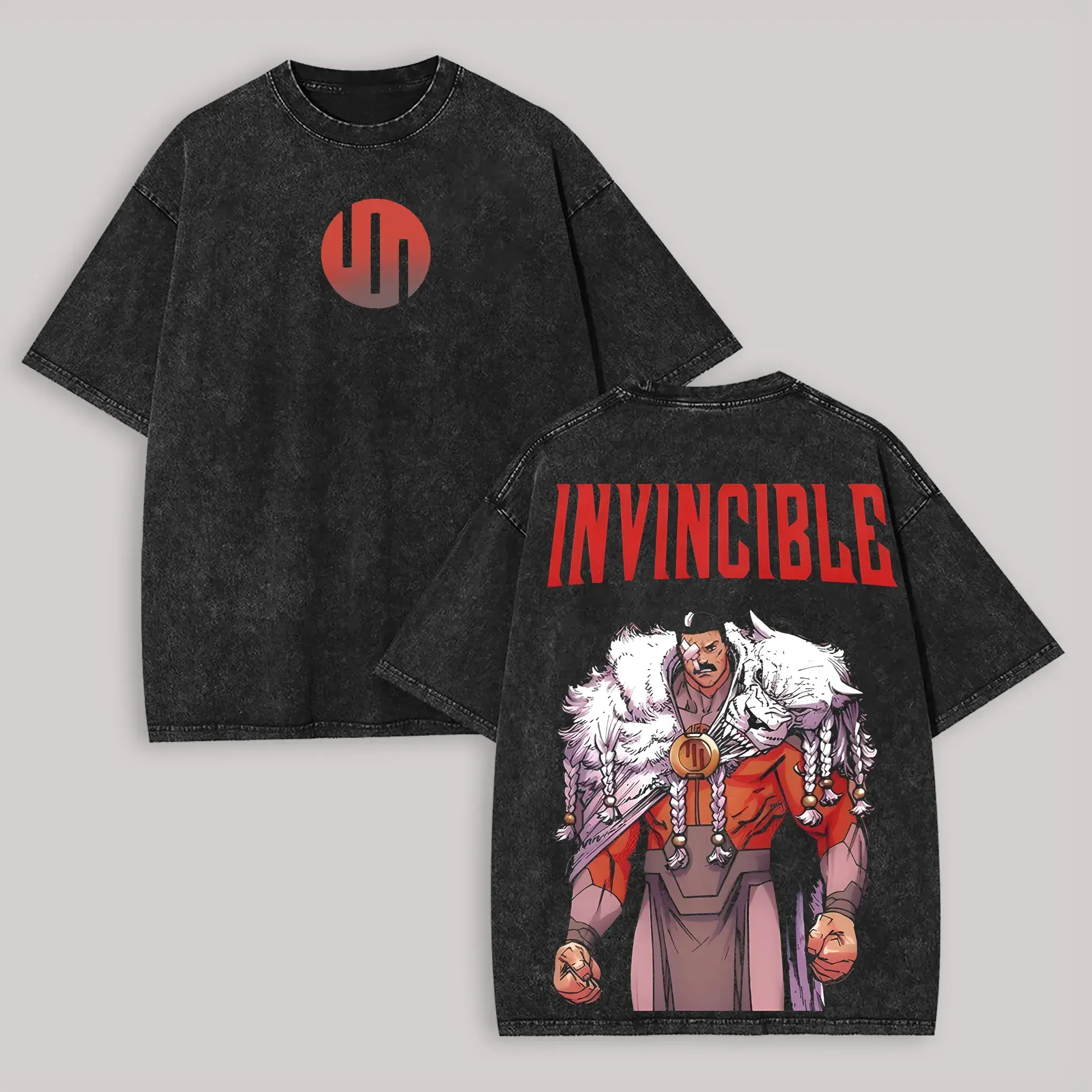 Oversized Washed Graphic T-Shirt, Unisex Shortsleeve Top with Invincible Omni-Man & Thragg Print, Anime Streetwear for Comic Fans, Round Neck, Tee, Menswear, Casual, Crew Neck, Bold, Iconic Anime Vibes, Machine Washable