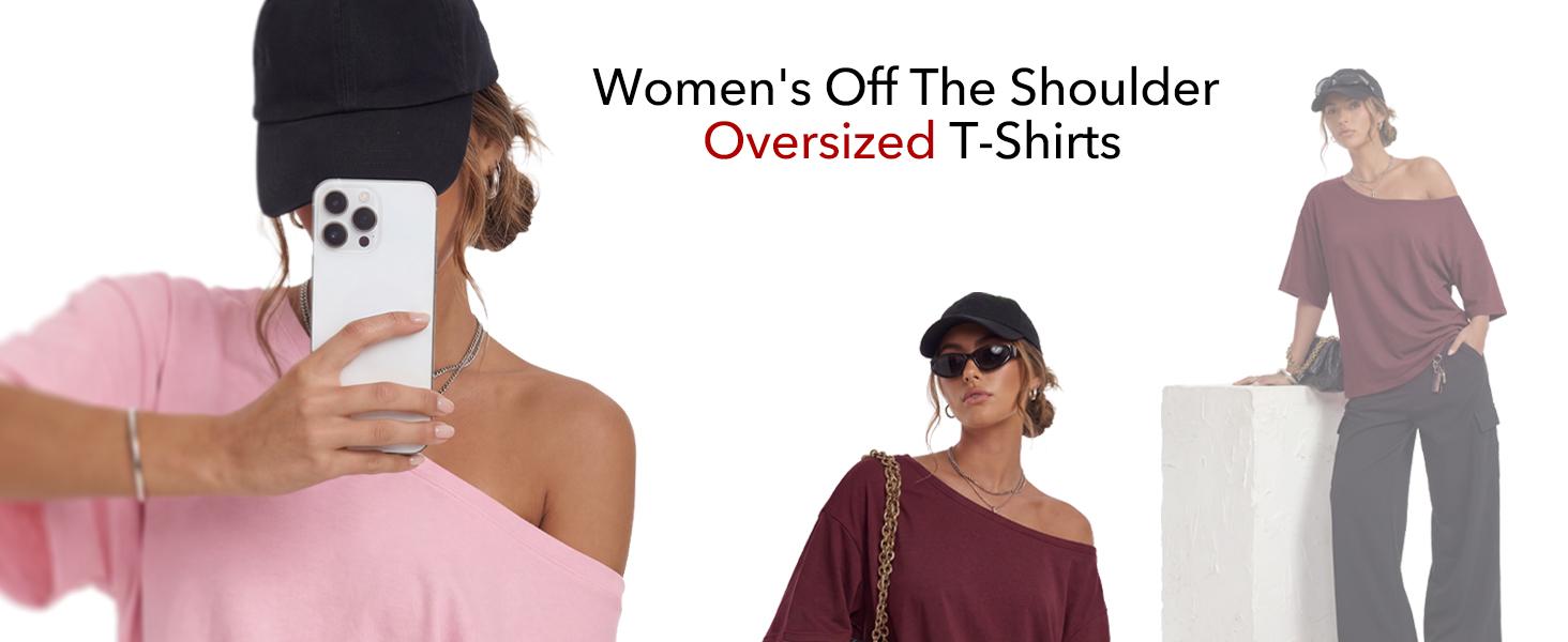 【Limited Time deal】【Fast Shipping】 Women's Solid Color Off-Shoulder T-Shirt - Loose Fit Tee Top,Casual Basic Tees Short Sleeve T-shirt for Daily Wear,Ladies Clothes for All Seasons,CC-Peach Women swear Womens Off Shoulder Tops T-Shirts 2026