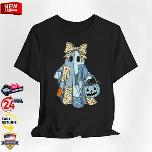 Retro Halloween Blue Denim Ghost T-Shirt Featuring Trendy Patchwork and Cute Boo Ghost Coquette Design for Spooky Season Fans