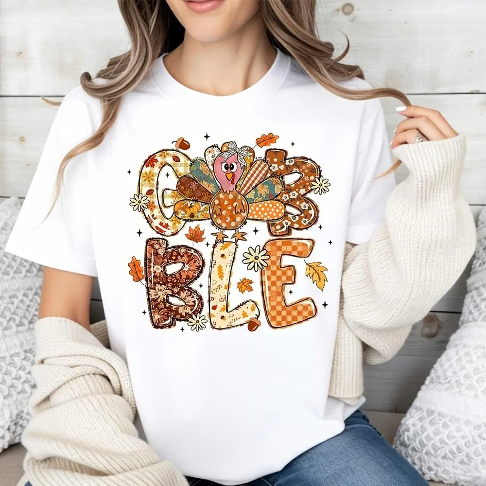 Gobble Turkey Graphic Print, Raglan Long-Sleeved T-Shirt, Thanksgiving Autumn Festival Theme, Casual Holiday Party Wear
