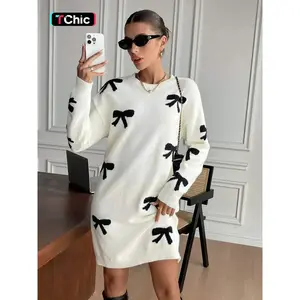 Women's Colorblock Bow Print Drop Shoulder Sweater Dress, Casual Long Sleeve Round Neck Knit Dress for Fall & Winter, Women's Knitwear for Daily Wear Valentine's Day, Sweaters for Women