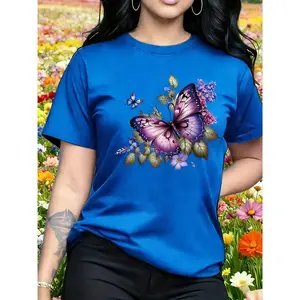 100% Cotton, Purple Butterfly and Flower Pattern Short Sleeve Round Neck Casual Women's T-Shirt, Suitable for Outdoor and Indoor Wear, Gift, Women's Gift, Birthday Gift, Friend Gift, Sister Gift, Holiday Gift