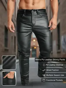 Men Solid Color Leather Pants Tight Fitting Street Fashion Casual Comfy Pocket Trousers Daily Bottoms All Seasons Slant Skinny 2026