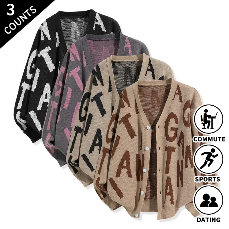 Men's 3-Pack V-Neck Knit Cardigans, Letter-Pattern Button-Front Tops, Soft Comfortable Menswear Clothes, Reprochem Safe for Casual Streetwear in Spring-Autumn Winter