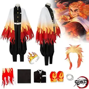 2025 Halloween Rengoku Kyoujurou Cosplay Anime Demon Slayer Cosplay Costume Kimetsu No Yaiba Kimono Haori Wig Ring