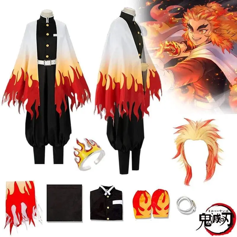 2025 Halloween Rengoku Kyoujurou Cosplay Anime Demon Slayer Cosplay Costume Kimetsu No Yaiba Kimono Haori Wig Ring