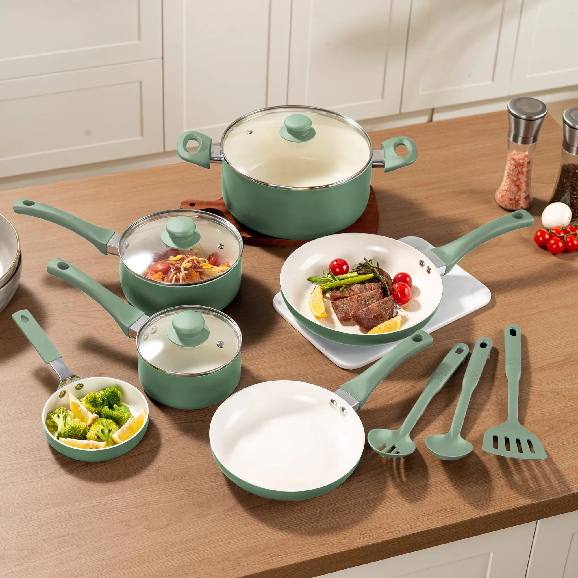 Mainstays Ceramic Aluminum, 12 Piece, Pots and Pans Cookware Set Green Nonstick