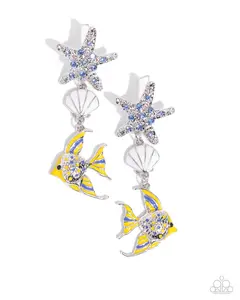 Under the Reef - Multi Silver Starfish with Blue Rhinestones drops to a White Shell and Blue and Gold Angelfish Post Earrings