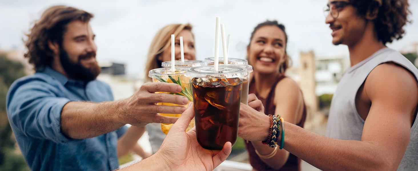 50 Pack 12/16 oz Plastic Cups with Lids and Straws, Clear Disposable Plastic Cups, Heavy Duty Iced Coffee Cups with Leak-Resistant Lids, Cold Drink Cups for Juice, Coffee and Milk Tea & Party To Go