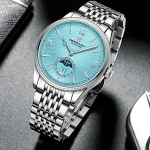 Luxury Men’s Automatic Mechanical Watch, Light Blue Textured Dial with Day-Date & Moon Phase Display, Polished Stainless Steel Bracelet, Elegant Dress Wristwatch for Formal Events & Daily Wear