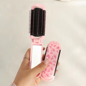 1 Pack Mini Travel Folding Hair Brush for Women, Collapsible Pocket Size Brush with Mirror and Ball Tips Nylon Bristle,Small Anti-static Comb Compact Hair Brush for Gym,Trip,Purse,Swimming, Styling Brush, Grooming Brush (Pink)