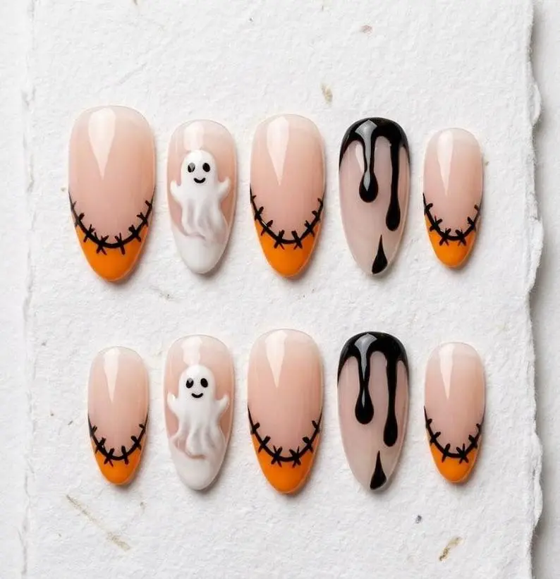 Ghost Halloween Press On Nails, Spooky Stitch French Tip False Nails