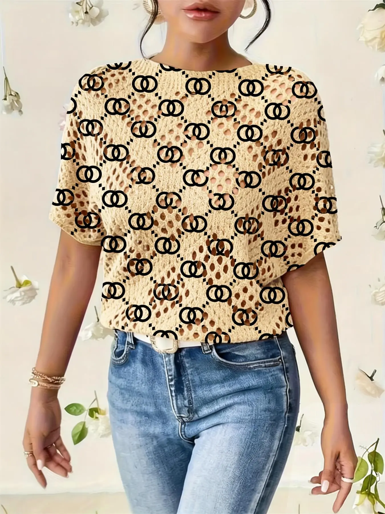 Women's Geometric Print Round Neck Sweater, Fall Winter Casual Batwing Short Sleeve Knitwear, Comfortable Warm Fitted Top, Knit Pullover Top, Hollow Out Knit