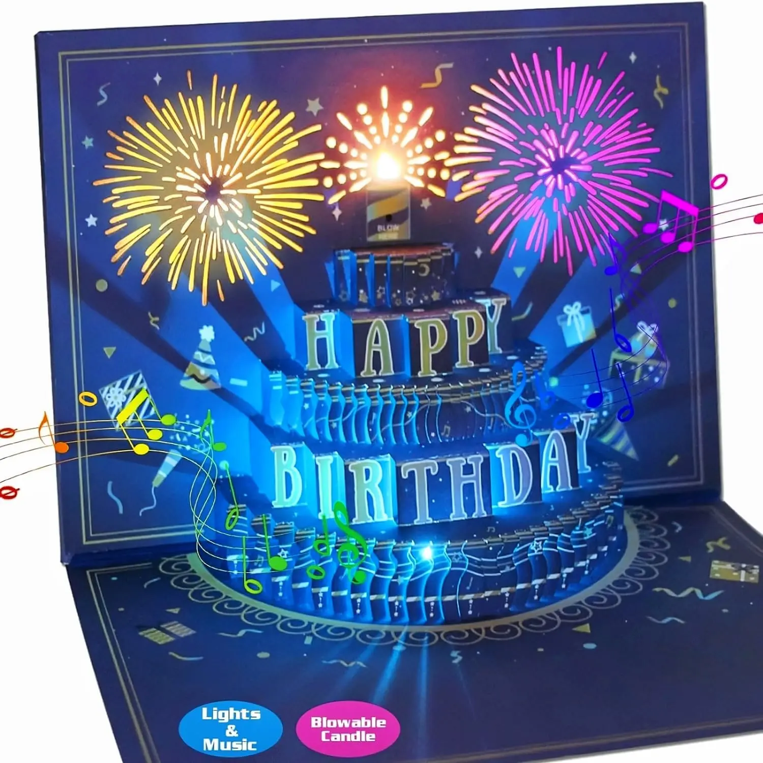 UPGRADED 3D Pop Up Firework Birthday Cards, Musical LED Lights Birthday Cards with Blowable Birthday Cake, Greeting Cards, Birthday Gifts for Mom Women Men   Dad Father Wife