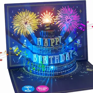 UPGRADED 3D Pop Up Firework Birthday Cards, Musical LED Lights Birthday Cards with Blowable Birthday Cake, Greeting Cards, Birthday Gifts for Mom Women Men   Dad Father Wife