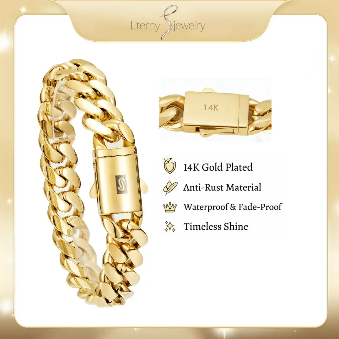 14K Gold-Plated Miami Cuban Link Chain Bracelet Stainless Steel Thick Dense and Chunky 7.5/8.5 Size Hypoallergenic Material Sweat-Resistant Waterproof  Fade-Proof for Streetwear Trendy Accessory Gift