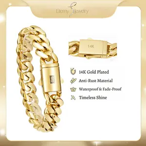 14K Gold-Plated Miami Cuban Link Chain Bracelet Stainless Steel Thick Dense and Chunky 7.5/8.5 Size Hypoallergenic Material Sweat-Resistant Waterproof  Fade-Proof for Streetwear Trendy Accessory Gift