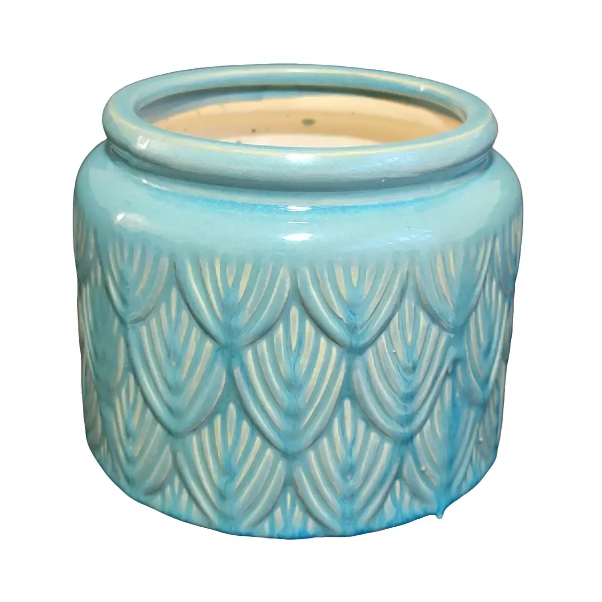 Hand Painted Teal Pot Ceramic Planter Embossed Scalloped Design Home Decor 6"