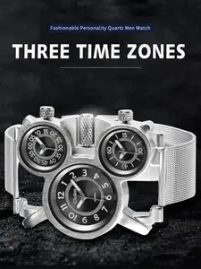 Men's Street Style Three Round Dials Quartz Watch, Three Time Zones, Fashion Watch for Party, Daily Clothing Decor, Trendy All-match & Exquisite Watch for Birthday Gift with Box