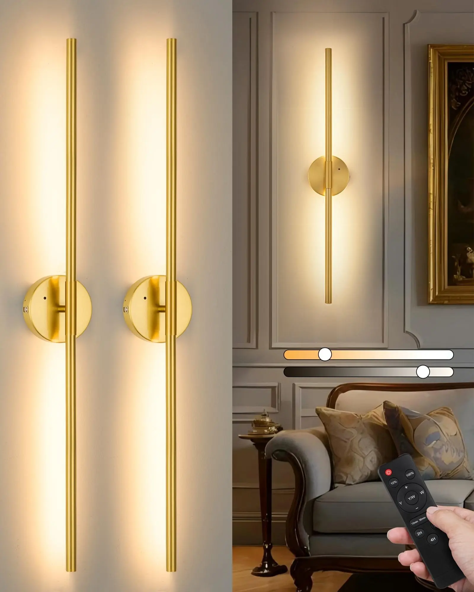Rechargeable Battery Operated Wall Sconce,360° Rotatable Wireless Wall Sconces Set of Two with Touch Control & Remote, Dimmable LED Wall Lights (3000K/4500K/6000K), Minimalist Modern Wall Lamp for Bedroom Living Room Stairwell and Corridor.