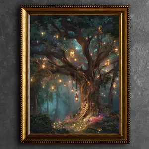 Glowing Nature Print, Witchy Mystic Archives Decor, Lantern Tree in Enchanted Forest, Room Decor, Unframed 5 Size, 8x12 to 27x40 inch