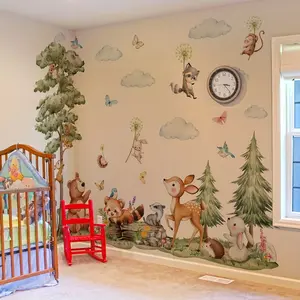 A set of 3 (30*90cm*3pcs) forest tree, cloud, sika deer, rabbit animal wall stickers for living room, bedroom, home background decoration, self-adhesive Decorative Wall Sticker MS3329-YL