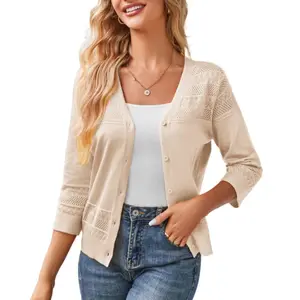 Women's 2026 Cropped Cardigan 3/4 Sleeve Lightweight Crochet Shrug Hollowed-Out Knit Sweater Tops