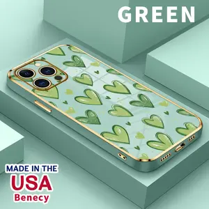 Soft Case for iPhone 15 Pro Max 16 14 Plus 13 12 11 X XS Max XR Green Heart Symphony Luxury Golden Edge Electroplating TPU Full Camera Lens Protection Phone Cover for