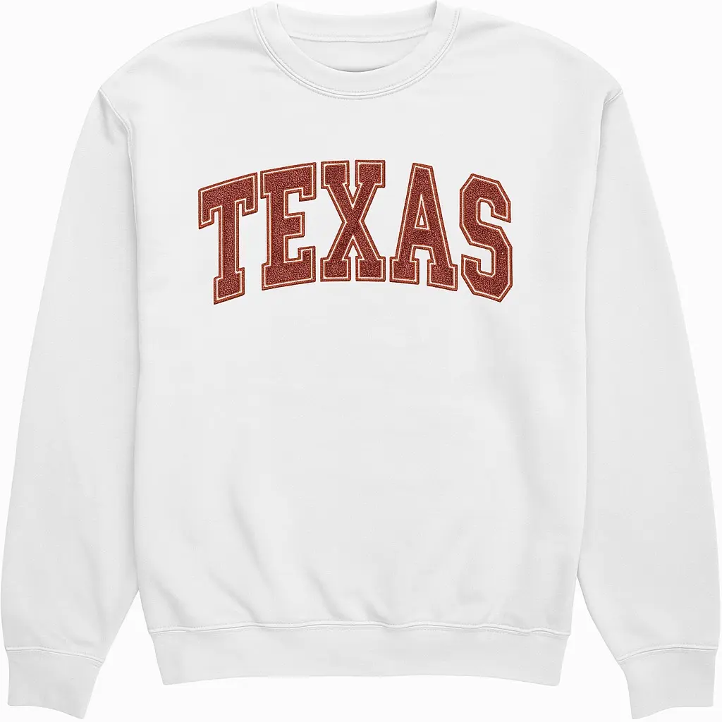 TEXAS Glitter Embroidered Sweatshirt - Burnt Orange, White, Maroon, Gold, Blue Casual Womenswear Long Sleeve Winter Sweatshirt