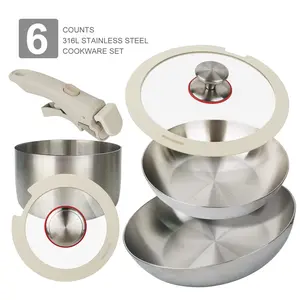 6-Piece Detachable Handle Stainless Steel Fry Pan Soup Pot Set, Cookware, Stackable Design, Suitable for Any Stove, Home Kitchen & Outdoor Camping