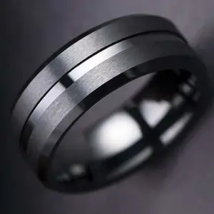 Men's 8mm Black Wedding Band Rings, Double Black Groove Beveled Edge  Engagement Ring For Men, Black Men Rings