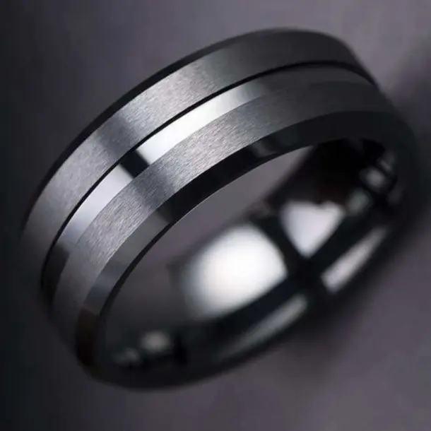 Men's 8mm Black Wedding Band Rings, Double Black Groove Beveled Edge  Engagement Ring For Men, Black Men Rings