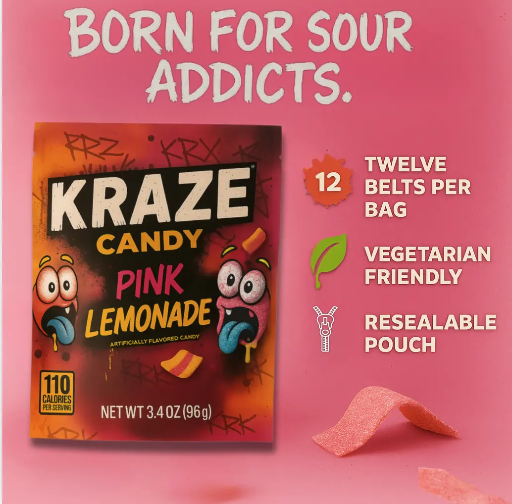 KRAZE Candy 1-Pack Flavored Pink Lemonade Super Sour Candy Belts - Vegetarian, Fresh & Chewy, Mouth Watering Flavors, Snack, Sweet Candies  Tangy & Vegan