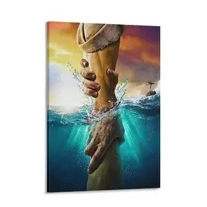 Jesus Christ Canvas Wall Art The Hand of God Reaching into Water Religious Biblical Decor for Church Prayer Room Schools Hospitals High-Quality Durable Frame
